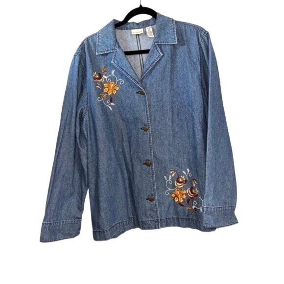 Classic Elements Jackets & Blazers - Vintage Classic Elements Womens XL Denim Jacket With Floral Embroidery & Button